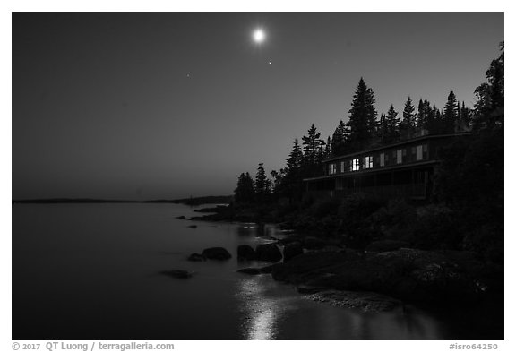 Rock Harbor Lodge at night. Isle Royale National Park (black and white)