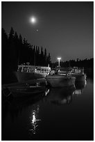 Rock Harbor marina with moon reflected. Isle Royale National Park ( black and white)