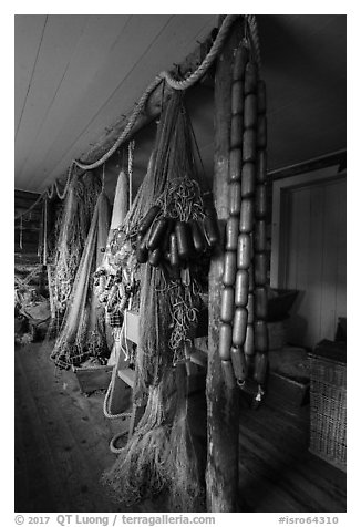 Inside Net House, Pete Edisen Fishery. Isle Royale National Park (black and white)