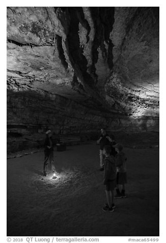 Ranger talking to family in cave. Mammoth Cave National Park (black and white)