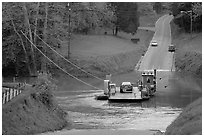Car crossing Green River on ferry. Mammoth Cave National Park, Kentucky, USA. (black and white)
