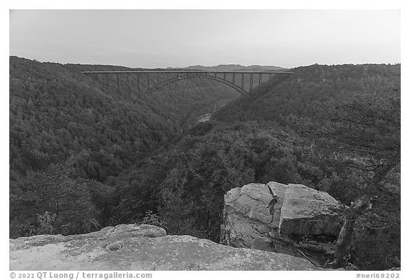 New River Gorge Bridge from Long Point, dawn. New River Gorge National Park and Preserve (black and white)