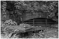 Wagon and mine opening, Kaymoor Mine Site. New River Gorge National Park and Preserve ( black and white)