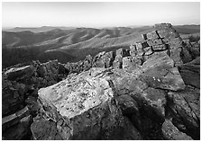 Pile of rectangular shape rocks on Black Rock summit, late afternoon. Shenandoah National Park, Virginia, USA. (black and white)