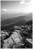 View over hills and crest from Little Stony Man, early morning. Shenandoah National Park, Virginia, USA. (black and white)