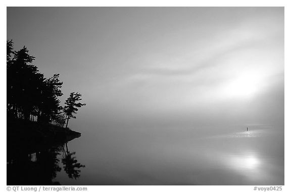 Sunrise and fog, Woodenfrog, Kabetogama Lake. Voyageurs National Park (black and white)