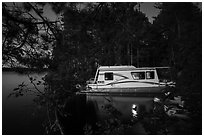 Houseboat at night, Houseboat Island, Sand Point Lake. Voyageurs National Park ( black and white)