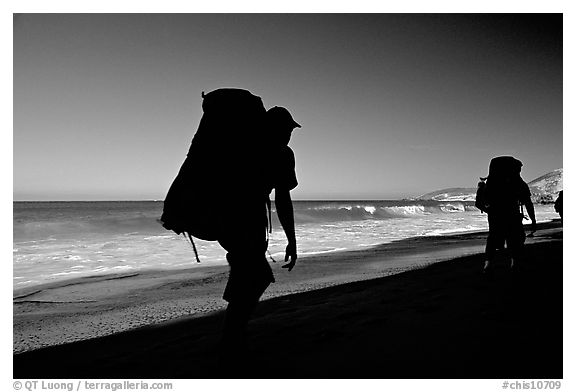 Backpackers on beach, Cuyler harbor, San Miguel Island. Channel Islands National Park (black and white)