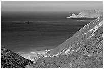 Nidever canyon overlooking Cyler harbor, San Miguel Island. Channel Islands National Park, California, USA. (black and white)