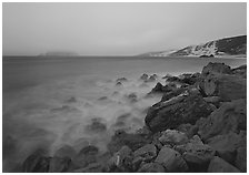 Prince Island and Cuyler Harbor with fog, dusk, San Miguel Island. Channel Islands National Park ( black and white)