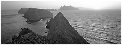 Spring sunset over ocean and islands, Anacapa Island. Channel Islands National Park (Panoramic black and white)