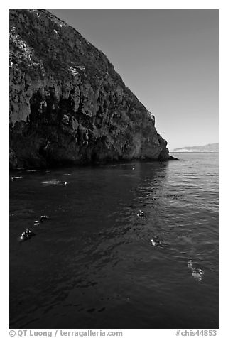 Scuba divers in cove below cliffs, Annacapa island. Channel Islands National Park (black and white)