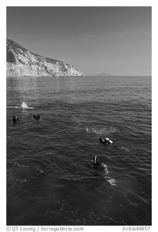 Scuba diving near Santa Cruz Island. Channel Islands National Park (black and white)