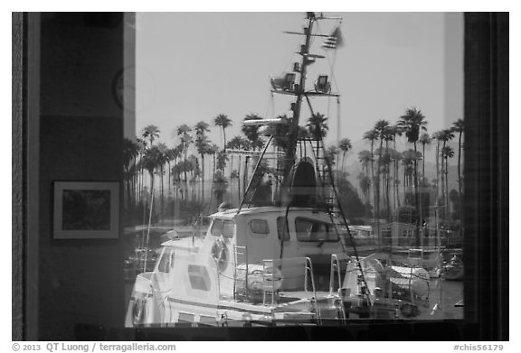 National Park Service boat, visitor center window reflexion. Channel Islands National Park (black and white)