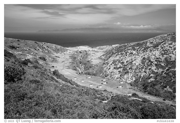 Campground wind shelters, Santa Rosa Island. Channel Islands National Park (black and white)