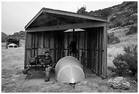 Camper, tent, wind shelter, Santa Rosa Island. Channel Islands National Park ( black and white)