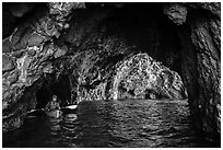Kayaker in sea cave, Santa Cruz Island. Channel Islands National Park ( black and white)