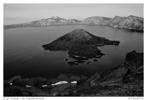 Wizard Island and Lake at dusk. Crater Lake National Park (black and white)