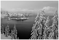 Wizard Island and Lake at dusk in winter. Crater Lake National Park (black and white)