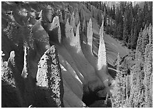 Pinnacles rising from Sand Creek Canyon. Crater Lake National Park, Oregon, USA. (black and white)