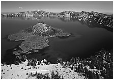 Lake and Wizard Island. Crater Lake National Park, Oregon, USA. (black and white)