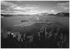 Wide view of lake with Wizard Island, afternoon. Crater Lake National Park, Oregon, USA. (black and white)