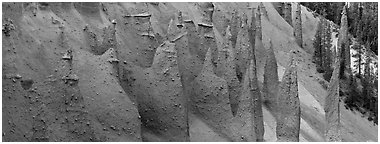 Group of fossilized steam vents. Crater Lake National Park (Panoramic black and white)