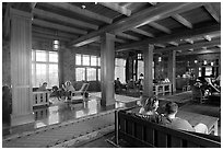 Main lobby of Crater Lake Lodge. Crater Lake National Park, Oregon, USA. (black and white)