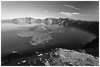 Crater Lake and Wizard Island, afternoon. Crater Lake National Park, Oregon, USA. (black and white)