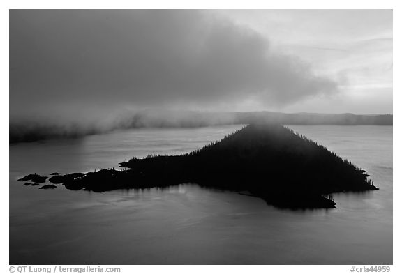 Cloud above Wizard Island at dawn. Crater Lake National Park (black and white)