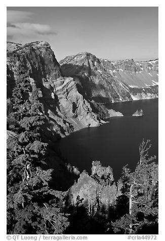 Dutton Cliff and lake. Crater Lake National Park (black and white)