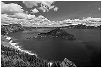 Deep blue lake and clouds. Crater Lake National Park, Oregon, USA. (black and white)