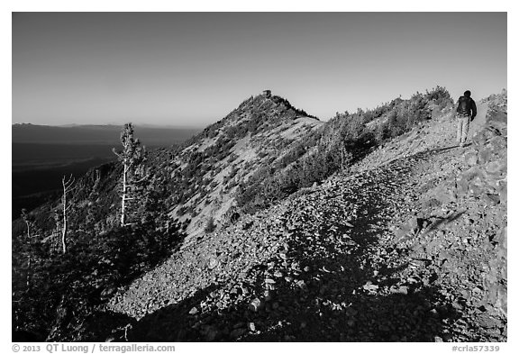 Hiker approachng Mount Scott summit. Crater Lake National Park (black and white)