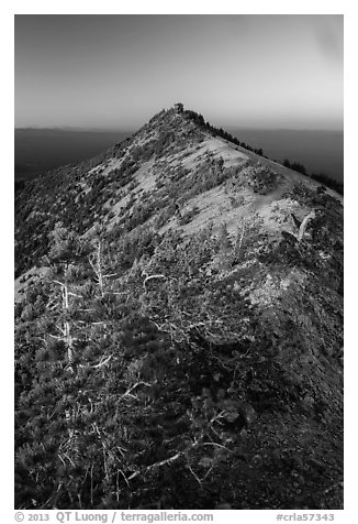 Mount Scott summit and fire lookout at sunset. Crater Lake National Park (black and white)