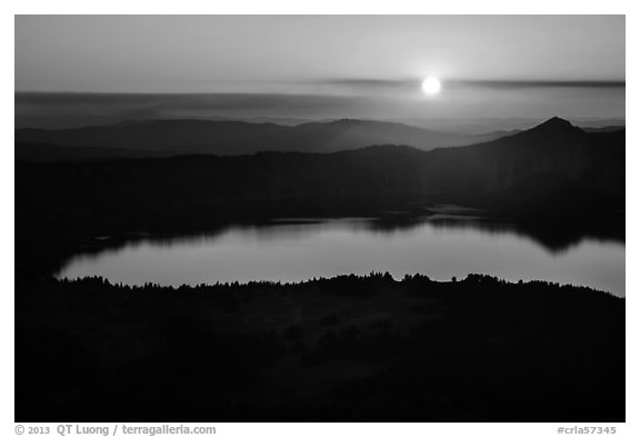 Crater Lake with setting sun from Mount Scott. Crater Lake National Park (black and white)