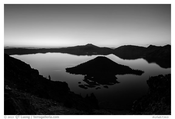 Wizard Island and Crater Lake at dawn. Crater Lake National Park (black and white)