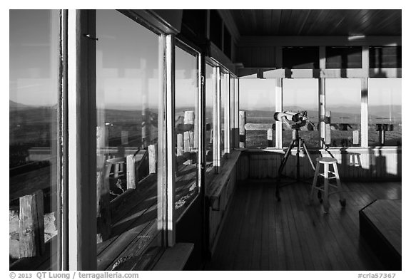 Interior of active fire lookout on Watchman. Crater Lake National Park (black and white)