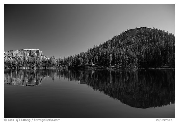 Reflections of Wizard Island and Llao Rock. Crater Lake National Park (black and white)