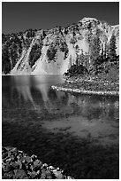 Watchman reflected in Fumarole Bay emerald waters, Wizard Island. Crater Lake National Park ( black and white)