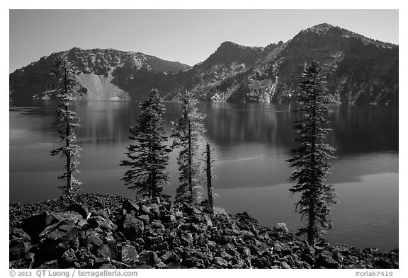 Hardened lava flow, Governors Bay, and Garfield Peak from Wizard Island. Crater Lake National Park (black and white)