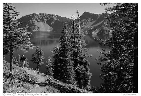 Hiker on Wizard Island. Crater Lake National Park (black and white)