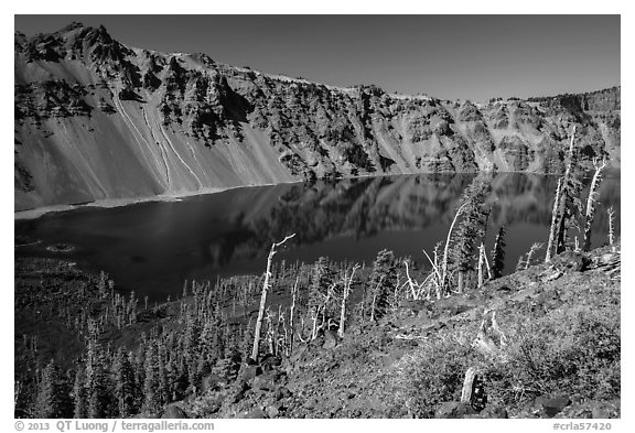 Skell Channel from top of Wizard Island cinder cone. Crater Lake National Park (black and white)