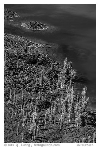 Volcanic shore of Wizard Island seen above. Crater Lake National Park (black and white)