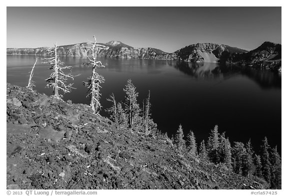 Red cinders and ash on Wizard Island. Crater Lake National Park (black and white)