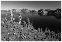 Red cinders and ash on Wizard Island. Crater Lake National Park ( black and white)