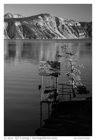Water Level recording gauge tower, Cleetwood Cove. Crater Lake National Park (black and white)