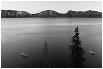 Tour boats and south rim at sunset, Cleetwood Cove. Crater Lake National Park ( black and white)