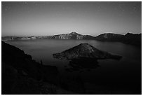 Wizard Island and lake with moonlight. Crater Lake National Park ( black and white)