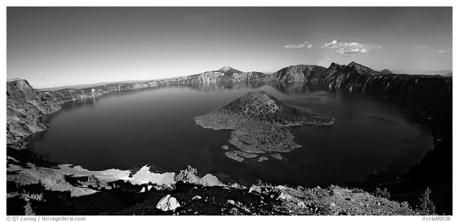 Crater Lake and Wizard Island. Crater Lake National Park (black and white)