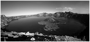Crater Lake and Wizard Island. Crater Lake National Park, Oregon, USA. (black and white)